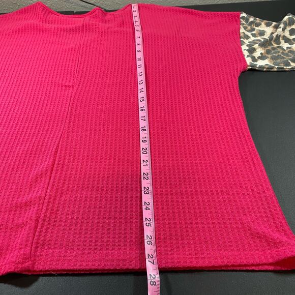 Haptics 1X Pink Cheetah Print Long Sleeve Strappy Shirt Top Waffle Knit V Neck - Picture 6 of 8